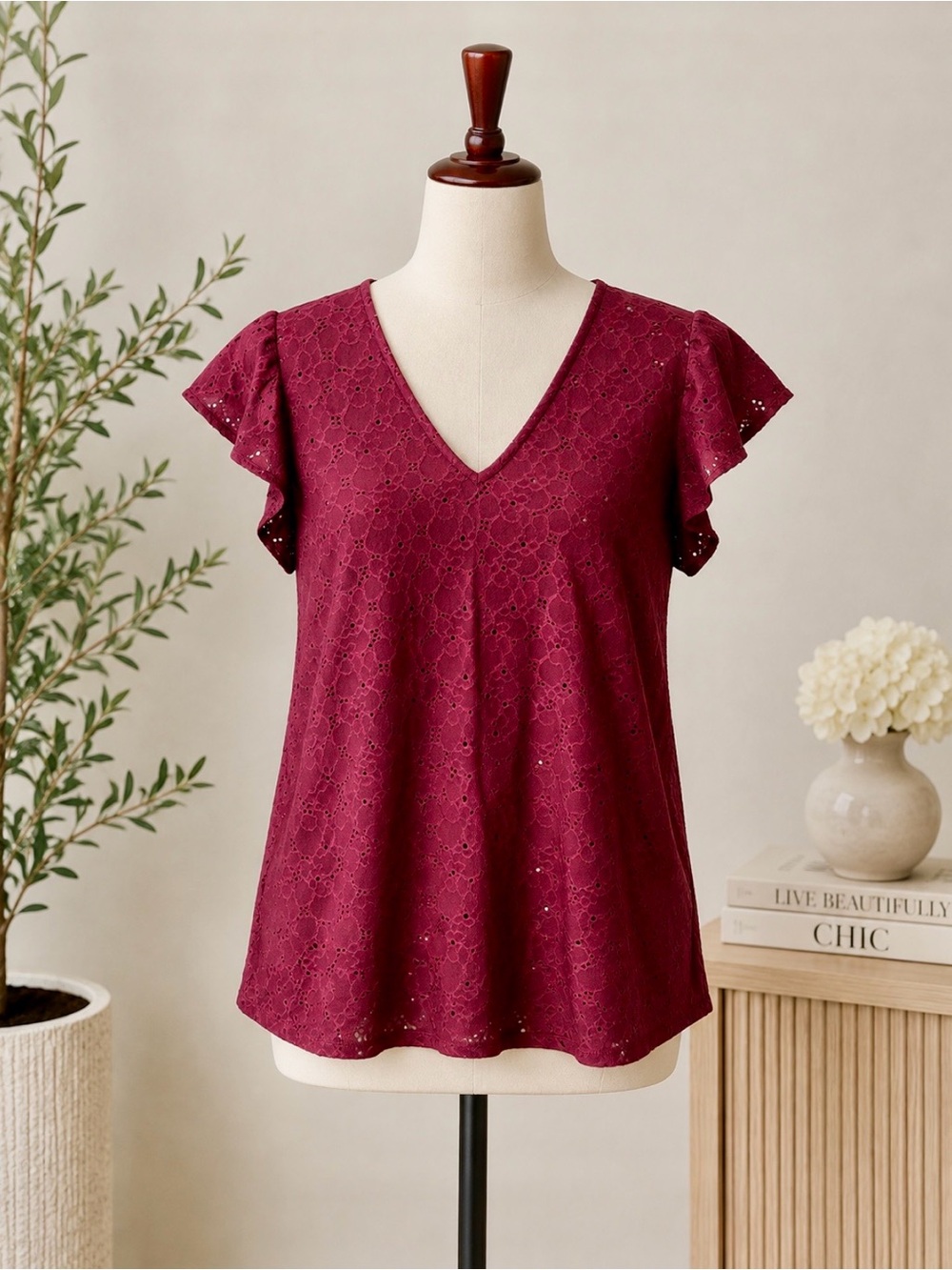 Michael Kors Wine Eyelet V-Neck Flutter Sleeve Top